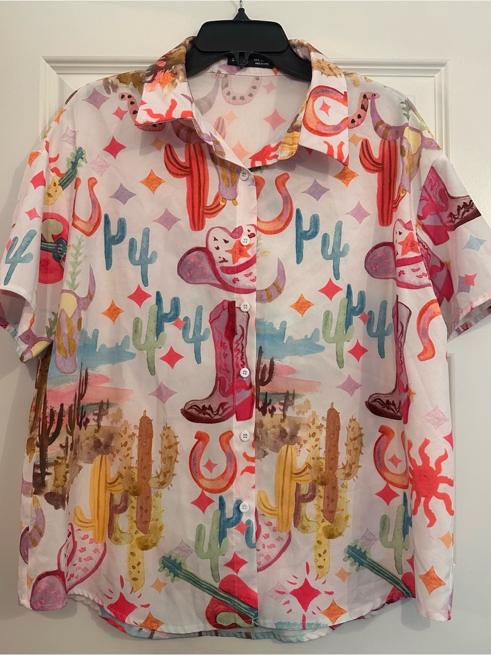 SHEIN Multicolor Western Cactus & Cowboy Print Button-Up Shirt